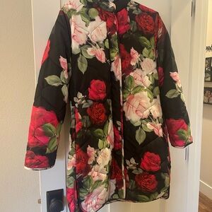 Johnny Was Black Coat with Red and Pink Floral Design